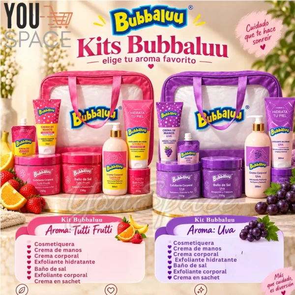 KIT BUBBALUU CORPORAL UVA 7 PRODUCTOS + BOLSO COSMETIQUERO (2) KIT BUBBALUU CORPORAL 7 PRODUCTOS + BOLSO COSMETIQUERO