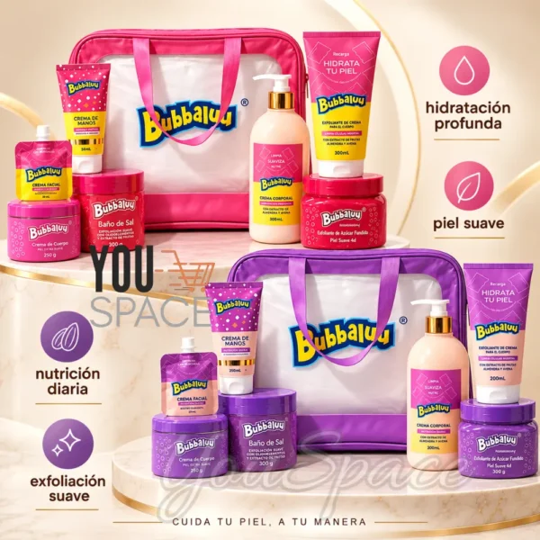 KIT BUBBALUU CORPORAL UVA 7 PRODUCTOS + BOLSO COSMETIQUERO (3) KIT BUBBALUU CORPORAL 7 PRODUCTOS + BOLSO COSMETIQUERO