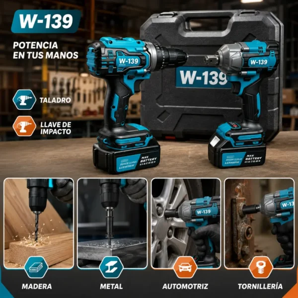 KIT TALADRO + LLAVE DE IMPACTO w-139 (6) KIT TALADRO PERCUTOR Y LLAVE DE IMPACTO- W- 139