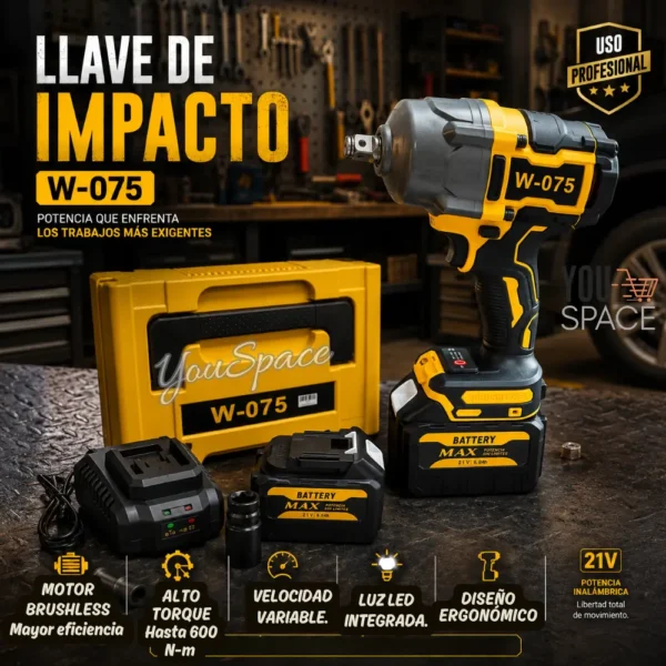 LLAVE DE IMPACTO INALAMBRICA DE ALTO TORQUE MODELO W-075 (8) LLAVE DE IMPACTO INALAMBRICA MOTOR BRUSHLESS 1500NM