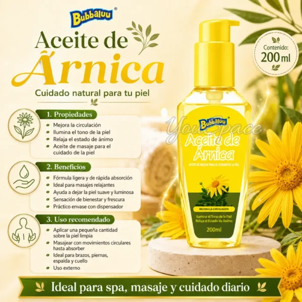 ACEITE DE ARNICA BUBBALUU (3) ACEITE DE ARNICA DE MASAJE PARA EL CUIDADO DE LA PIEL BUBBALUU 200ML