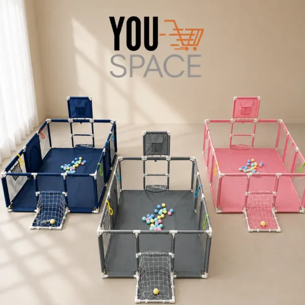 CORRAL DE JUEGOS SEGURO PARA BEBE CON ARO Y PORTERÍA