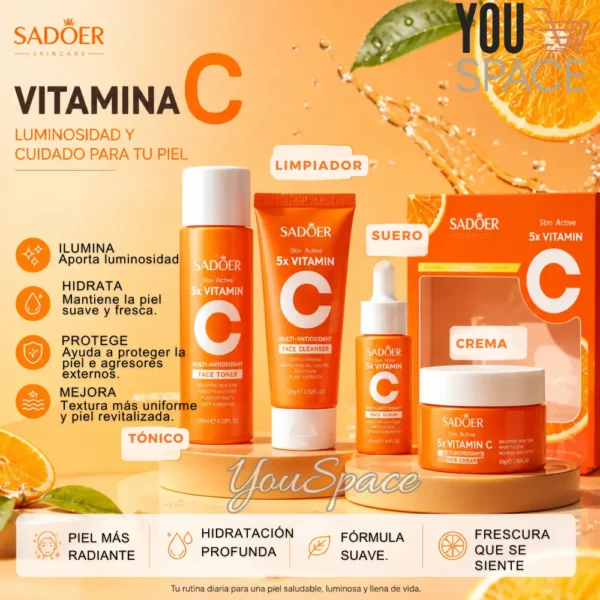 KIT DE VIAJE CUIDADO FACIAL SADOER 5X- VITAMINA C (10) SET FACIAL 5X DE VITAMINA C- SADOER- PARA VIAJE