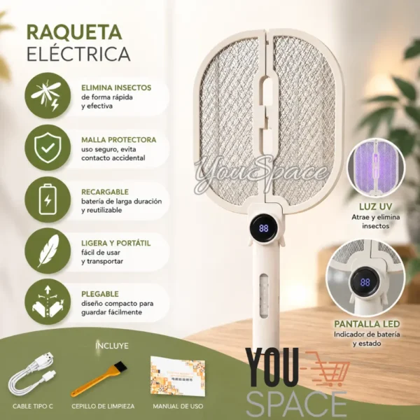 RAQUETA ELECTRICA MATAMOSCAS 2 EN 1 (3) RAQUETA MATAMOSCAS RECARGABLE- PLEGABLE CON LUZ UV