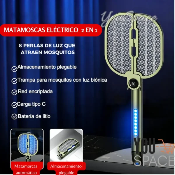RAQUETA ELECTRICA MATAMOSCAS 2 EN 1 (4) RAQUETA MATAMOSCAS RECARGABLE- PLEGABLE CON LUZ UV