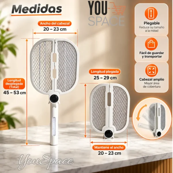 RAQUETA ELECTRICA MATAMOSCAS 2 EN 1 (6) RAQUETA MATAMOSCAS RECARGABLE- PLEGABLE CON LUZ UV