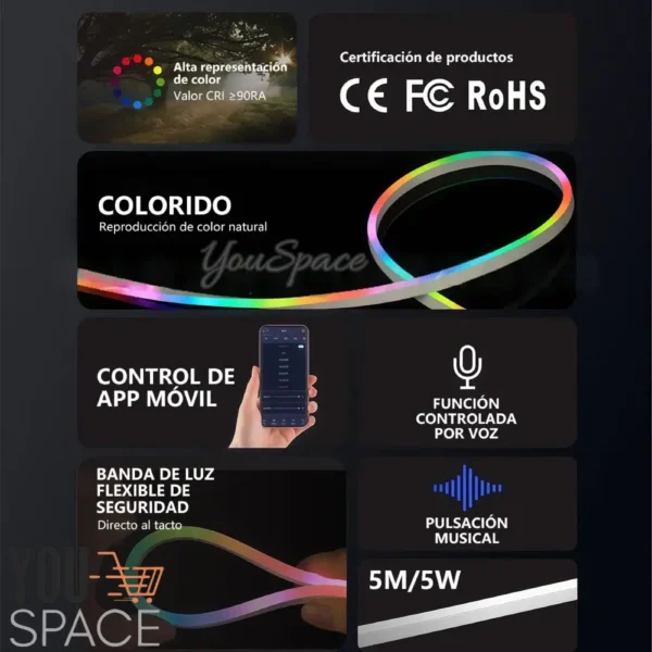 CINTA DE LUZ LED NEON 5 METROS (2) CINTA DE LUZ LED NEON FLEXIBLE INTELIGENTE 5 METROS