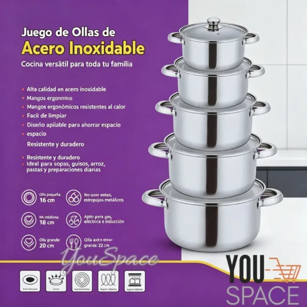 JUEGO DE 5 OLLAS DE ACERO INOXIDABLE CON MANGO DE ACERO DORADO Y TAPAS DE VIDRIO (5) JUEGO DE 5 OLLAS DE ACERO INOXIDABLE CON MANGO DE ACERO DORADO Y TAPAS DE VIDRIO